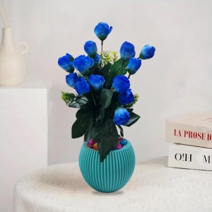 HiTechMart Artificial Blue Rose Bouquet with Decorative Vase – Elegant Faux Flowers for Home & Office Décor