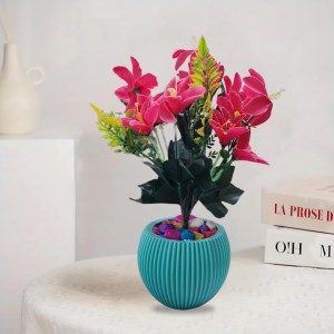 HiTechMart Artificial Flower Arrangement in Textured Blue Vase – Faux Pink Lily Bouquet with Decorative Stones for Home & Office Décor, Elegant Tabletop Floral Display HiTechMart Artificial Flower Arrangement in Textured Blue Vase – Faux Pink Lily Bouquet with Decorative Stones for Home & Office Décor, Elegant Tabletop Floral Display