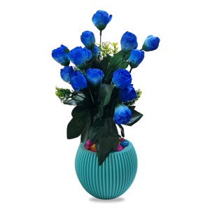 HiTechMart Artificial Blue Rose Bouquet with Decorative Vase – Elegant Faux Flowers for Home & Office Décor