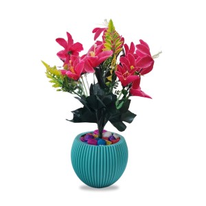HiTechMart Artificial Flower Arrangement in Textured Blue Vase – Faux Pink Lily Bouquet with Decorative Stones for Home & Office Décor, Elegant Tabletop Floral Display HiTechMart Artificial Flower Arrangement in Textured Blue Vase – Faux Pink Lily Bouquet with Decorative Stones for Home & Office Décor, Elegant Tabletop Floral Display