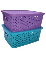 Hi Tech Sales Small Unbreakable Multipurpose Plastic Baskets with Lid for Fruit, Bathroom, Stationary, Home, Kitchen, Office (Rectangular, Color: Sky, Yellow) set of 2 (Violet) Hi Tech Sales Small Unbreakable Multipurpose Plastic Baskets with Lid for Fruit, Bathroom, Stationary, Home, Kitchen, Office (Rectangular, Color: Sky, Yellow) set of 2 (Violet)