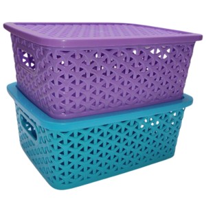 Hi Tech Sales Small Unbreakable Multipurpose Plastic Baskets with Lid for Fruit, Bathroom, Stationary, Home, Kitchen, Office (Rectangular, Color: Sky, Yellow) set of 2 (Violet) Hi Tech Sales Small Unbreakable Multipurpose Plastic Baskets with Lid for Fruit, Bathroom, Stationary, Home, Kitchen, Office (Rectangular, Color: Sky, Yellow) set of 2 (Violet)