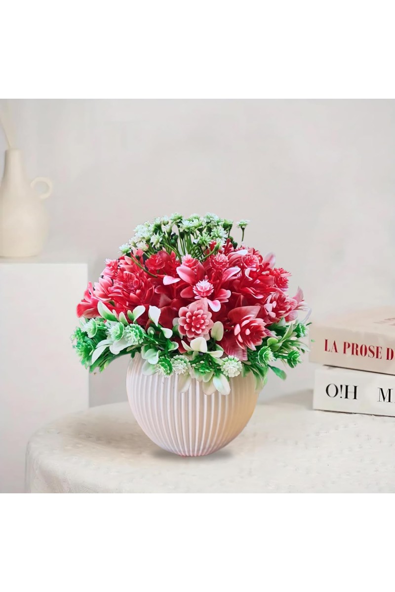HiTechMart Artificial Flower Arrangement in Plastic Vase – Lifelike Red & Green Faux Bouquet for Home Décor, Office, Living Room, Table Centerpiece, and Gift – Elegant & Maintenance-Free