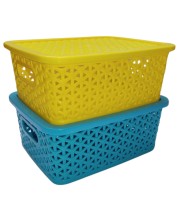 Hi Tech Sales Small Unbreakable Multipurpose Plastic Baskets with Lid for Fruit, Bathroom, Stationary, Home, Kitchen, Office (Rectangular, Color: Sky, Yellow) set of 2 (Yellow) Hi Tech Sales Small Unbreakable Multipurpose Plastic Baskets with Lid for Fruit, Bathroom, Stationary, Home, Kitchen, Office (Rectangular, Color: Sky, Yellow) set of 2 (Yellow)