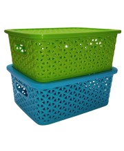 Hi Tech Sales Small Unbreakable Multipurpose Plastic Baskets with Lid for Fruit, Bathroom, Stationary, Home, Kitchen, Office (Rectangular, Color: Sky, Yellow) set of 2 (Green) Hi Tech Sales Small Unbreakable Multipurpose Plastic Baskets with Lid for Fruit, Bathroom, Stationary, Home, Kitchen, Office (Rectangular, Color: Sky, Yellow) set of 2 (Green)