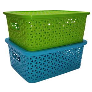 Hi Tech Sales Small Unbreakable Multipurpose Plastic Baskets with Lid for Fruit, Bathroom, Stationary, Home, Kitchen, Office (Rectangular, Color: Sky, Yellow) set of 2 (Green) Hi Tech Sales Small Unbreakable Multipurpose Plastic Baskets with Lid for Fruit, Bathroom, Stationary, Home, Kitchen, Office (Rectangular, Color: Sky, Yellow) set of 2 (Green)