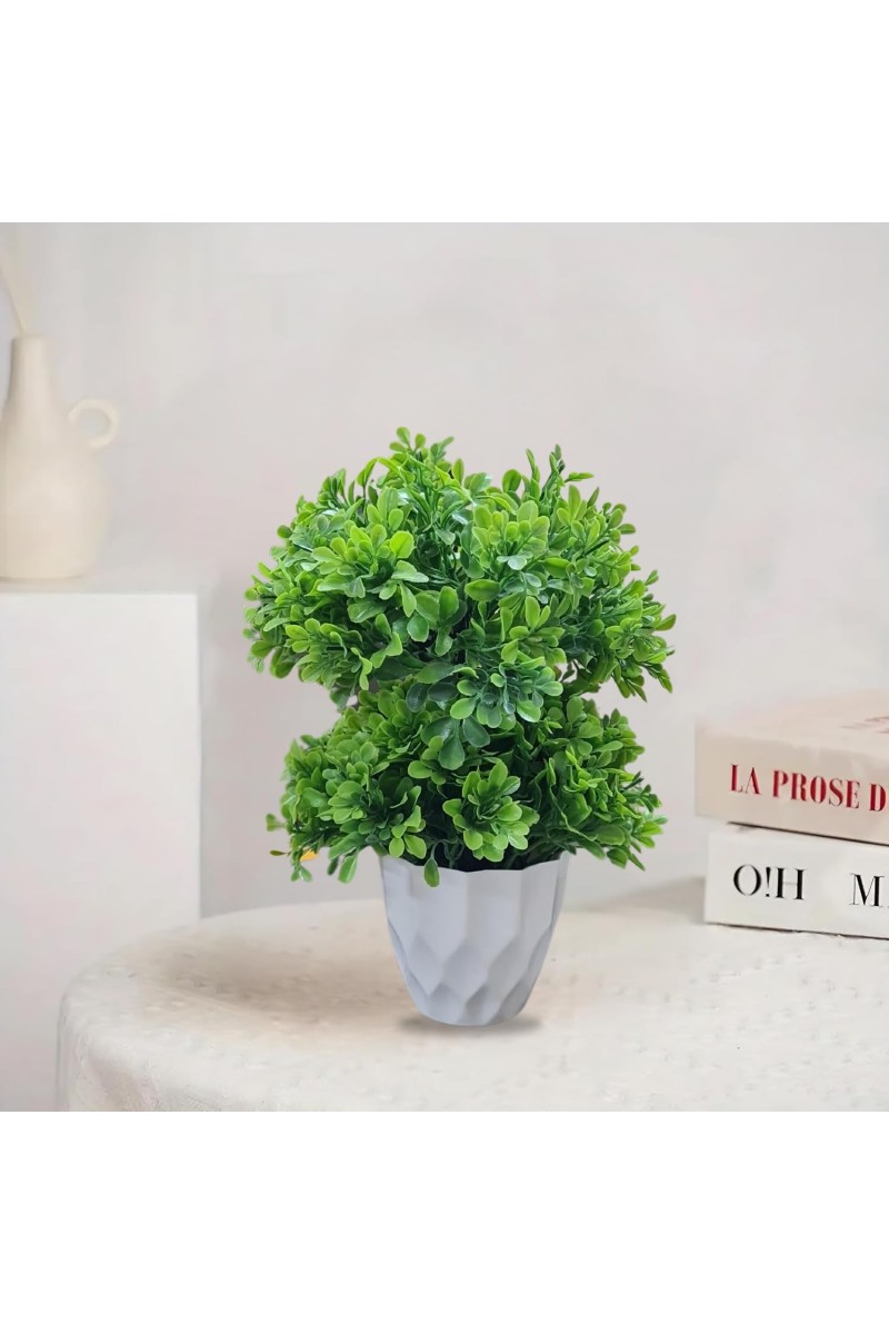 HiTechMart Artificial Green Topiary Plant in White Textured Pot – Realistic Faux Decorative Bush for Home, Office, and Indoor Décor