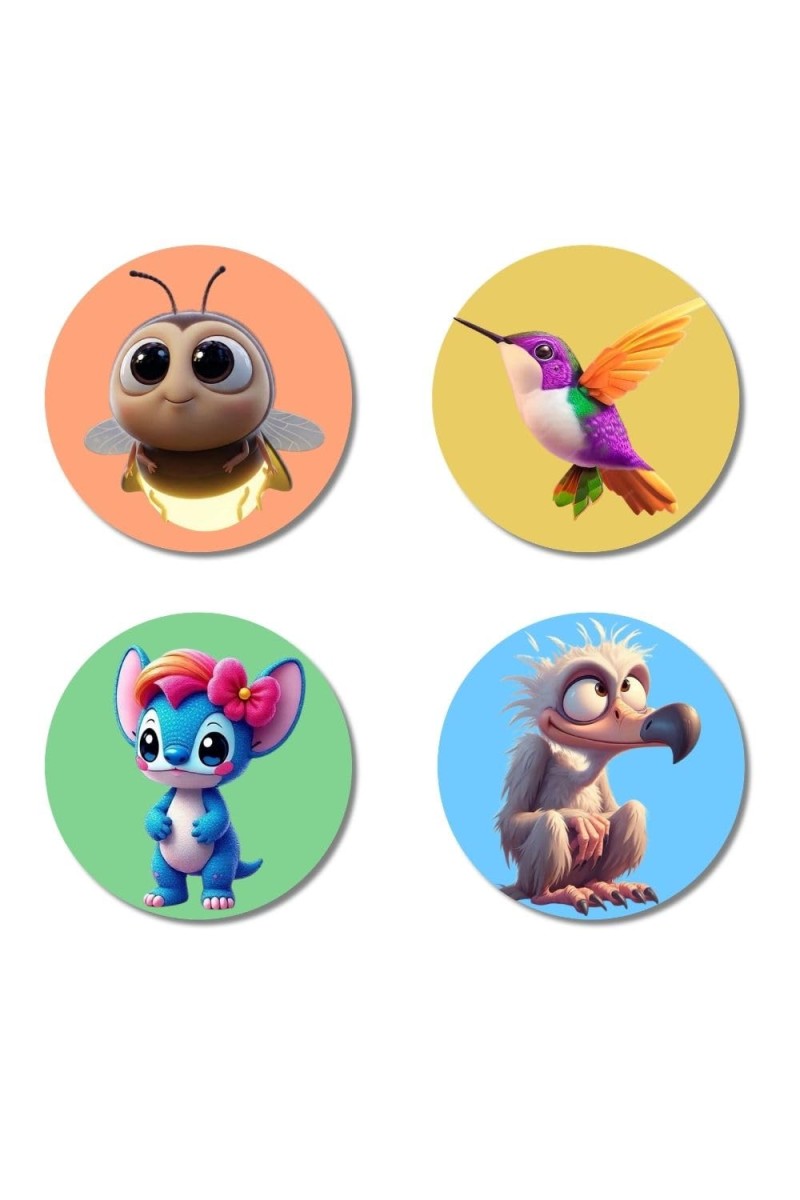 Bee, Hummingbird, Alien, and Vulture. Fridge Magnets 4 Piece Set | 3 Inch Round Wall Fridge Decor (F22985)