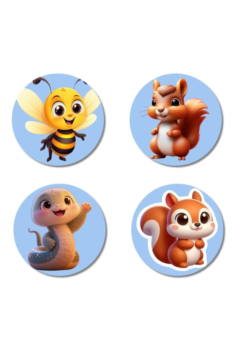 Bee, Squirrel, Seal, and Squirrel. Fridge Magnets 4 Piece Set | 3 Inch Round Wall Fridge Decor (F23108)