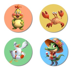 Chicken, Crab, Seagull, and Crocodile. Fridge Magnets 4 Piece Set | 3 Inch Round Wall Fridge Decor (F23040)