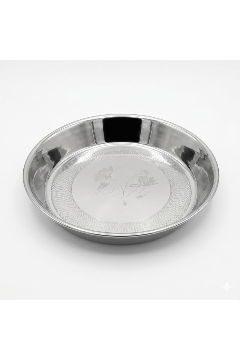 Stainless Steel Rice Plate/Dinner Plate for Kitchen & Dining | Round Deep Thali Plate with Floral Design | Rust Resistant Food Grade Steel Serving Plate for Home, Hotel & Restaurant Use