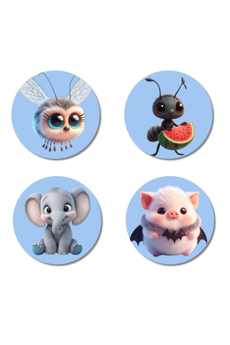 Bee,ant,Elephant,Hamster Fridge Magnets 4 Piece Set | 3 Inch Round Wall Fridge Decor (F23151)