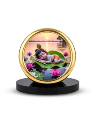 Car Desk/Table Top Little Krishna Metal Golden Photo Stand 2x2 Inches, Compact & Stylish Spiritual Display for Car, Home & Office (Pack of 1) (F18899)