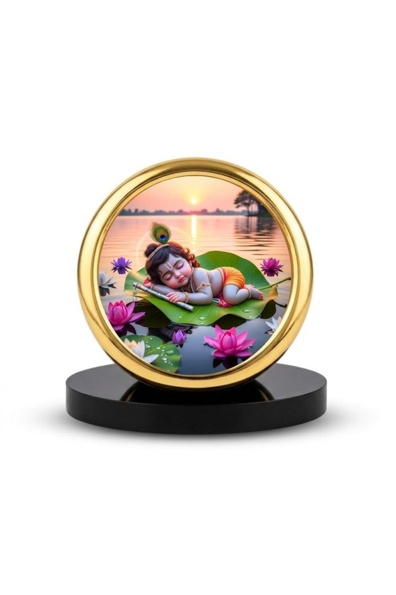 Car Desk/Table Top Little Krishna Metal Golden Photo Stand 2x2 Inches, Compact & Stylish Spiritual Display for Car, Home & Office (Pack of 1) (F18899)
