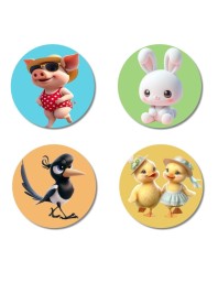 Pig, Rabbit, Magpie, and Ducklings. Fridge Magnets 4 Piece Set | 3 Inch Round Wall Fridge Decor (F22852)