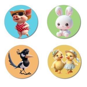 Pig, Rabbit, Magpie, and Ducklings. Fridge Magnets 4 Piece Set | 3 Inch Round Wall Fridge Decor (F22852)