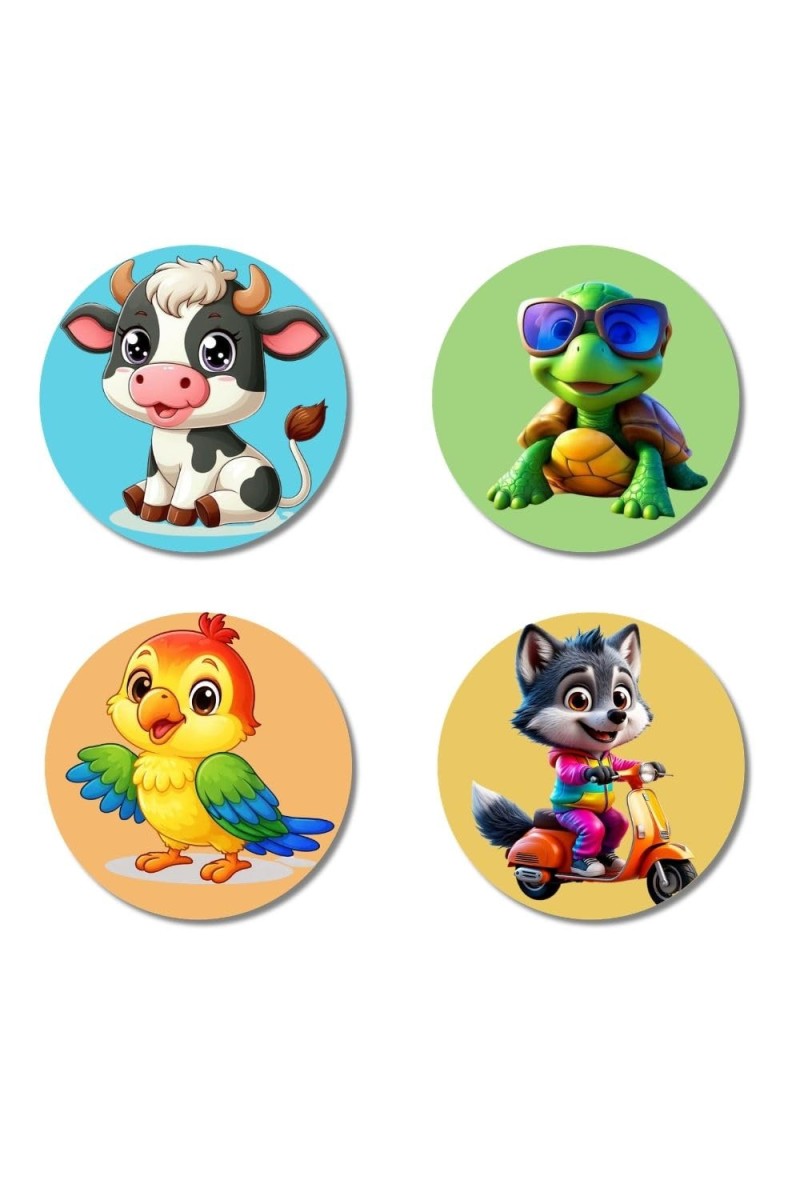 Cow, Turtle, Parrot, and Wolf. Fridge Magnets 4 Piece Set | 3 Inch Round Wall Fridge Decor (F22921)