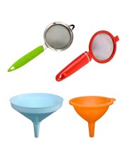 Kitchen Tea Strainer and Plastic Funnel Combo Set | Fine Mesh Tea & Coffee Filter with Multipurpose Oil, Water & Juice Pouring Funnels | Kitchen Utility Accessories Set (Multicolor)