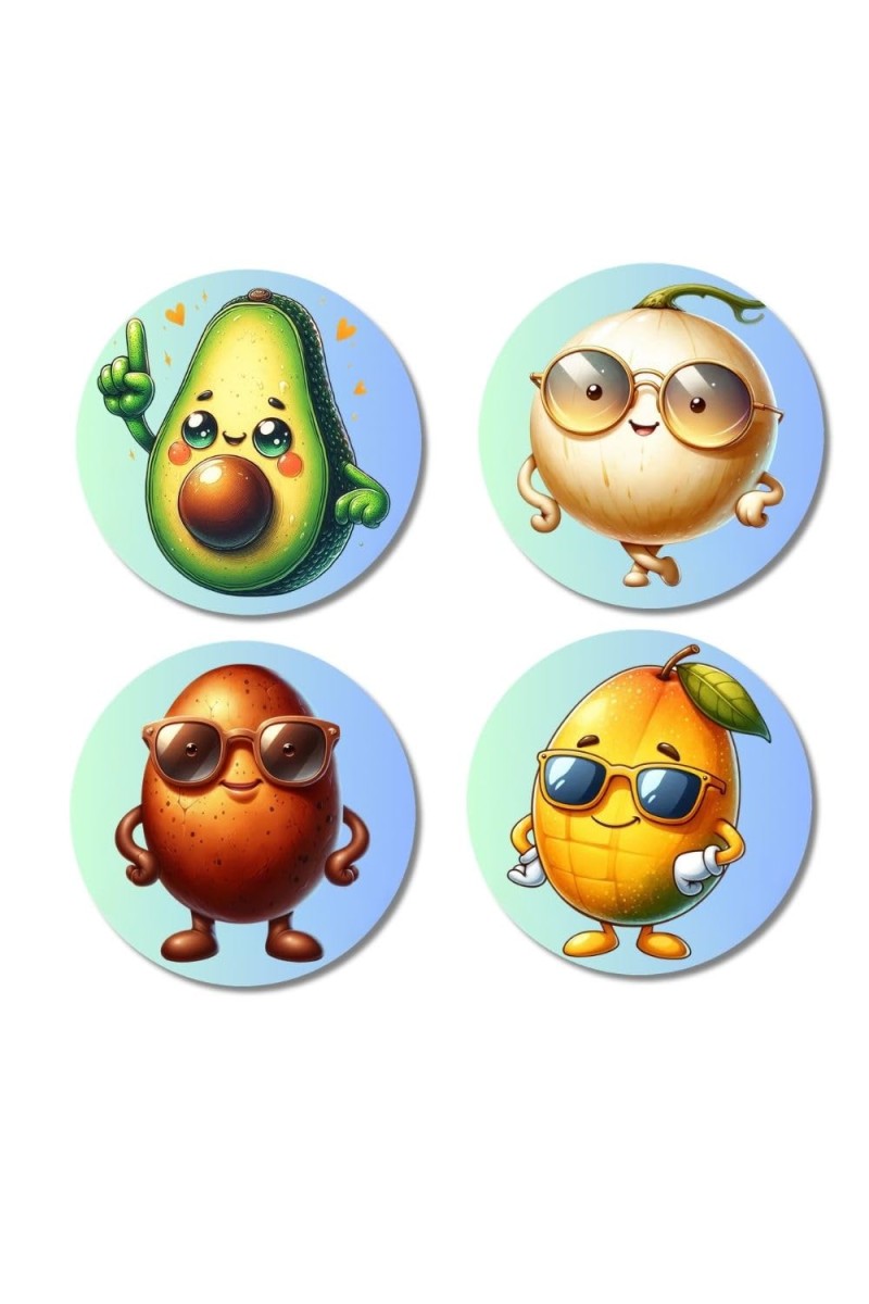 Avocado, Onion, Sapota, Mango Fridge Magnets 4 Piece Set | 3 Inch Round Wall Fridge Decor (F23324)