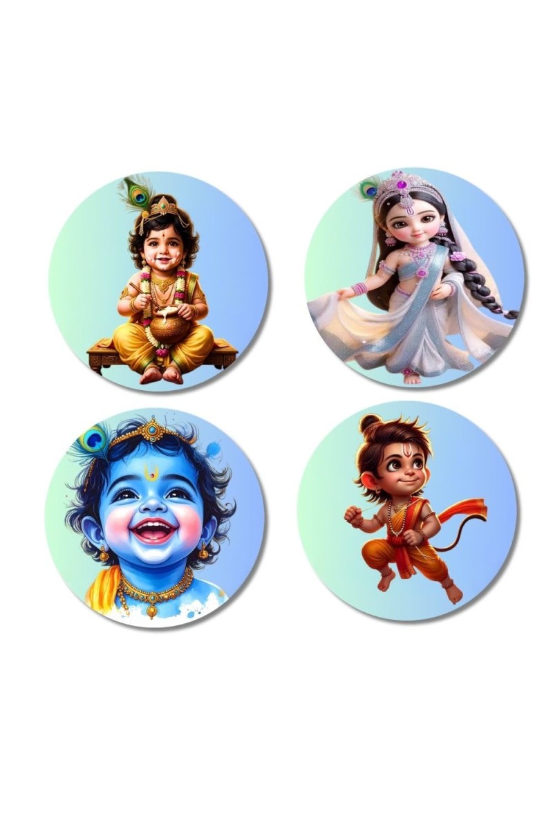 Balarama, Krishna, Sudama Fridge Magnets 4 Piece Set | 3 Inch Round Wall Fridge Decor (F23250)