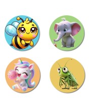 Bee, Elephant, Unicorn, and Grasshopper. Fridge Magnets 4 Piece Set | 3 Inch Round Wall Fridge Decor (F22877)