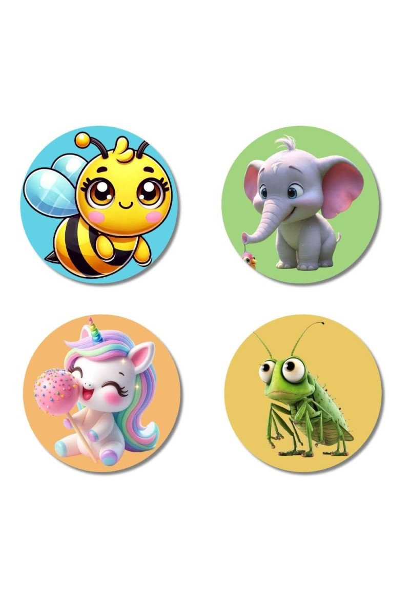 Bee, Elephant, Unicorn, and Grasshopper. Fridge Magnets 4 Piece Set | 3 Inch Round Wall Fridge Decor (F22877)