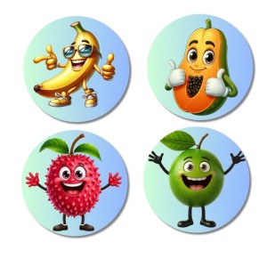 Banana, Papaya, Lychee, Green Apple Fridge Magnets 4 Piece Set | 3 Inch Round Wall Fridge Decor (F23270)