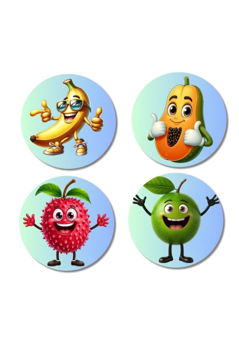 Banana, Papaya, Lychee, Green Apple Fridge Magnets 4 Piece Set | 3 Inch Round Wall Fridge Decor (F23270)