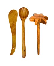 Wooden Kitchen Utensils Set of 3 â€“ Teak Wood Spoon, Spatula & Masher | Non-Stick Safe Cooking Tools | Heat Resistant, Durable & Eco-Friendly Cooking Set for Home Kitchen