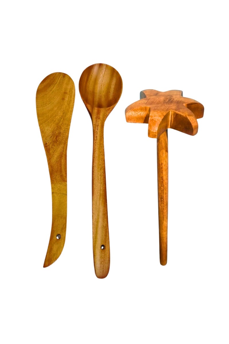 Wooden Kitchen Utensils Set of 3 â€“ Teak Wood Spoon, Spatula & Masher | Non-Stick Safe Cooking Tools | Heat Resistant, Durable & Eco-Friendly Cooking Set for Home Kitchen