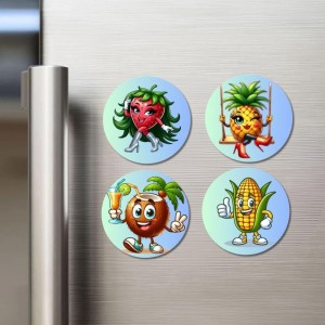 Avocado, Onion, Sapota, Mango Fridge Magnets 4 Piece Set | 3 Inch Round Wall Fridge Decor (F23325)