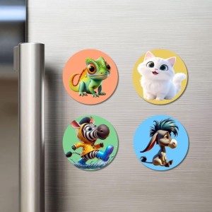 Chameleon, Cat, Zebra, and Donkey. Fridge Magnets 4 Piece Set | 3 Inch Round Wall Fridge Decor (F23015)