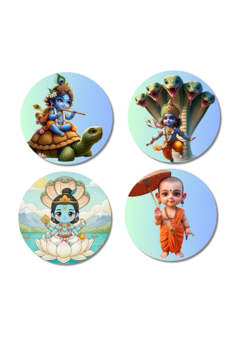 Vishnu, Krishna, and Vamana. Fridge Magnets 4 Piece Set | 3 Inch Round Wall Fridge Decor (F22784)