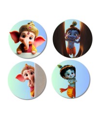 Ganesha, Krishna, Ganesha, Krishna Fridge Magnets 4 Piece Set | 3 Inch Round Wall Fridge Decor (F23225)