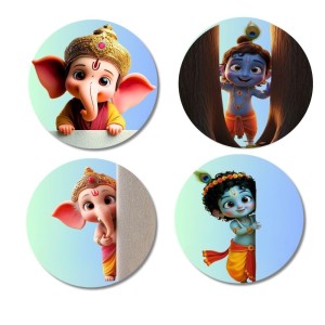 Ganesha, Krishna, Ganesha, Krishna Fridge Magnets 4 Piece Set | 3 Inch Round Wall Fridge Decor (F23225)