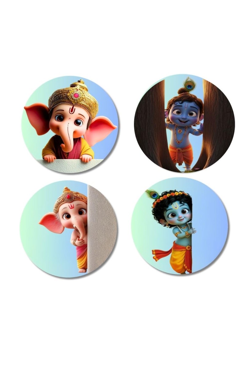 Ganesha, Krishna, Ganesha, Krishna Fridge Magnets 4 Piece Set | 3 Inch Round Wall Fridge Decor (F23225)