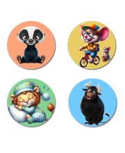 Badger, Mouse, Cat, and Bull. Fridge Magnets 4 Piece Set | 3 Inch Round Wall Fridge Decor (F22982)