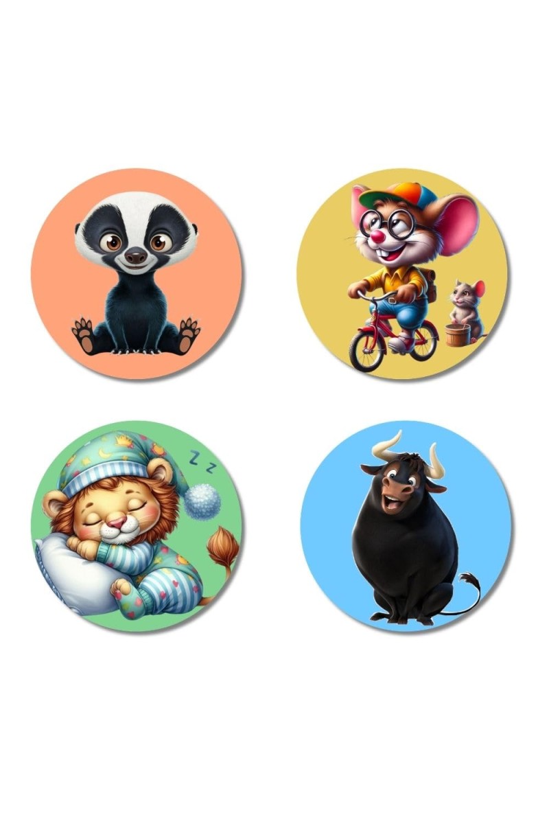 Badger, Mouse, Cat, and Bull. Fridge Magnets 4 Piece Set | 3 Inch Round Wall Fridge Decor (F22982)