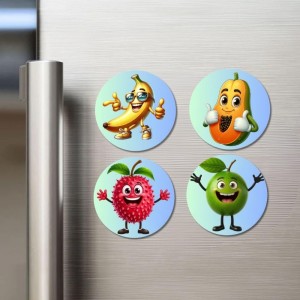 Banana, Papaya, Lychee, Green Apple Fridge Magnets 4 Piece Set | 3 Inch Round Wall Fridge Decor (F23270)