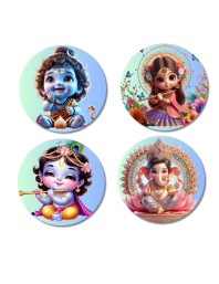 Saraswati, Lakshmi, and Ganesha. Fridge Magnets 4 Piece Set | 3 Inch Round Wall Fridge Decor (F22782)