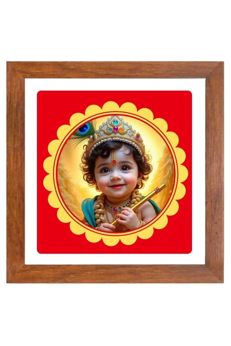 Baby Krishna Digital Photo In Square Frame, Size 12x12 Inch | Hindu Religious Picture For Home Temple, Office & Gift | Wall Art & Pooja Decor (F10577)