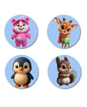 Bear, Deer, Penguin, and Squirrel. Fridge Magnets 4 Piece Set | 3 Inch Round Wall Fridge Decor (F23097)