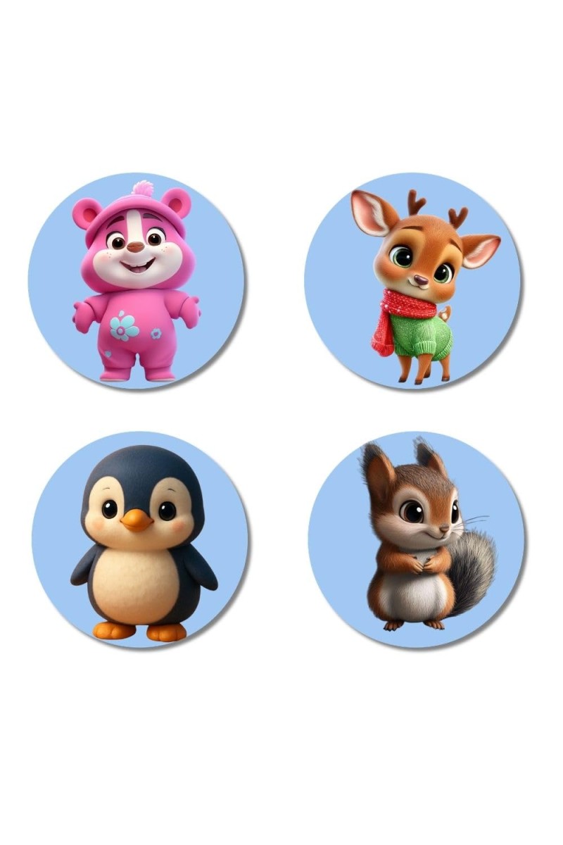 Bear, Deer, Penguin, and Squirrel. Fridge Magnets 4 Piece Set | 3 Inch Round Wall Fridge Decor (F23097)
