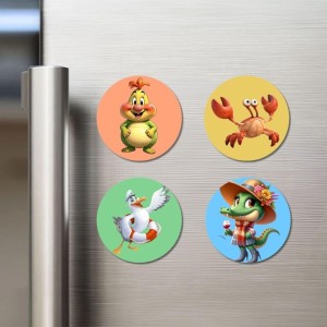 Chicken, Crab, Seagull, and Crocodile. Fridge Magnets 4 Piece Set | 3 Inch Round Wall Fridge Decor (F23040)