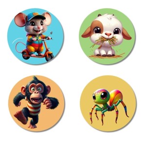 Mouse, Cow, Chimpanzee, and Spider. Fridge Magnets 4 Piece Set | 3 Inch Round Wall Fridge Decor (F22935)