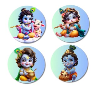 Krishna Fridge Magnets 4 Piece Set | 3 Inch Round Wall Fridge Decor (F23216)