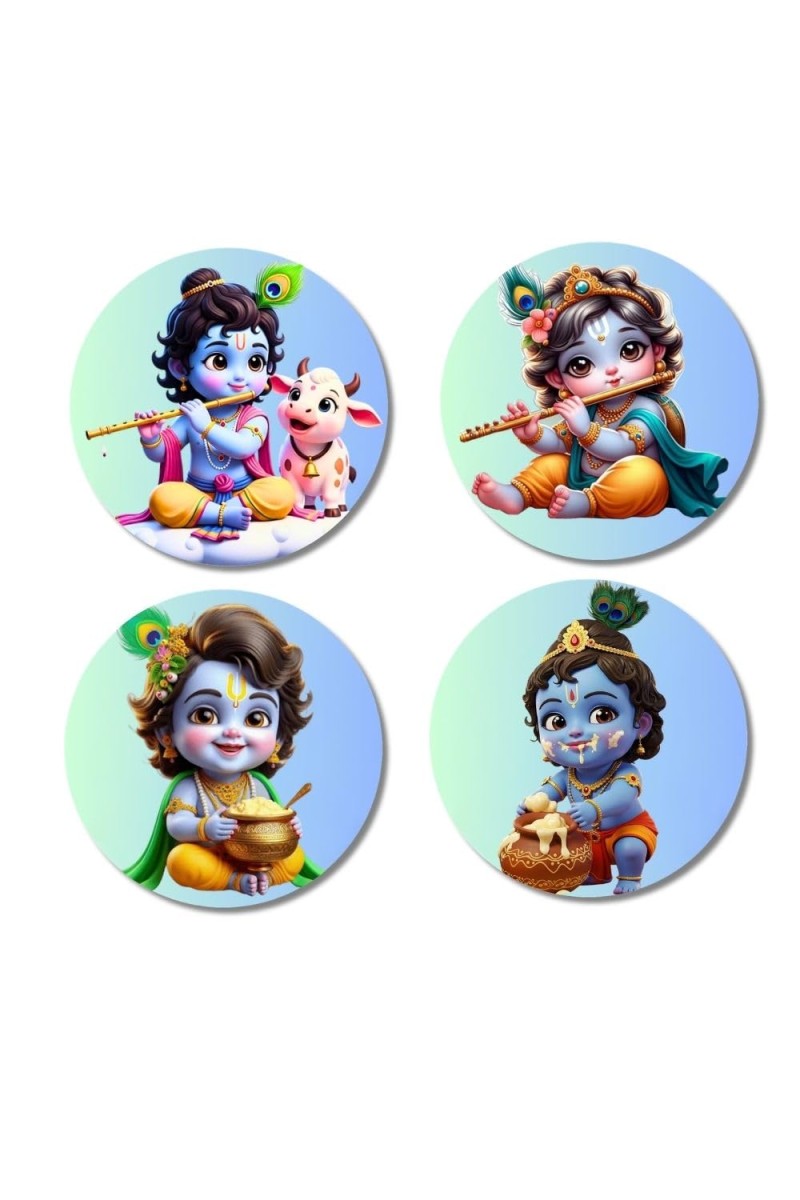 Krishna Fridge Magnets 4 Piece Set | 3 Inch Round Wall Fridge Decor (F23216)