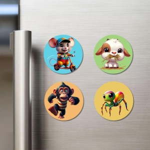 Mouse, Cow, Chimpanzee, and Spider. Fridge Magnets 4 Piece Set | 3 Inch Round Wall Fridge Decor (F22935)