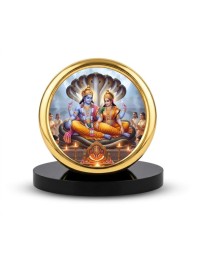 Car Desk/Table Top Lord Vishnu and Lakshmi Metal Golden Photo Stand 2x2 Inches, Compact & Stylish Spiritual Display for Car, Home & Office (Pack of 1) (F18904)