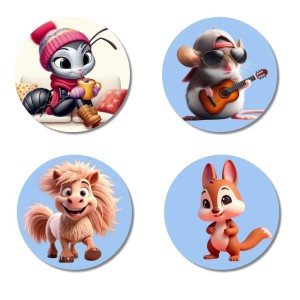 Ant, Pony, Dragon, and Rabbit. Fridge Magnets 4 Piece Set | 3 Inch Round Wall Fridge Decor (F23105)